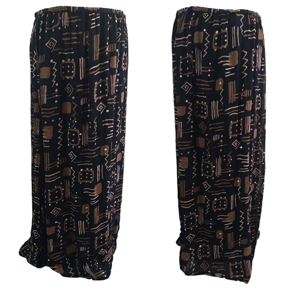 Vintage Chico's Design Black Brown Abstract Boho Geometric Pull On Maxi Skirt